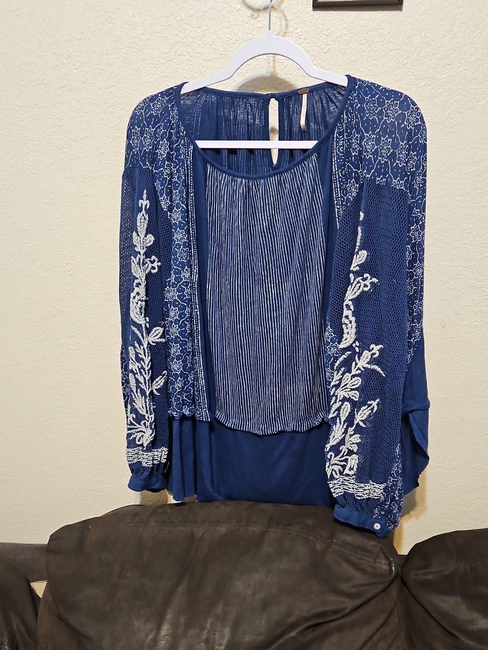 Free People Linen Blend Boho Oversized Indigo Blue Embroidered Tunic